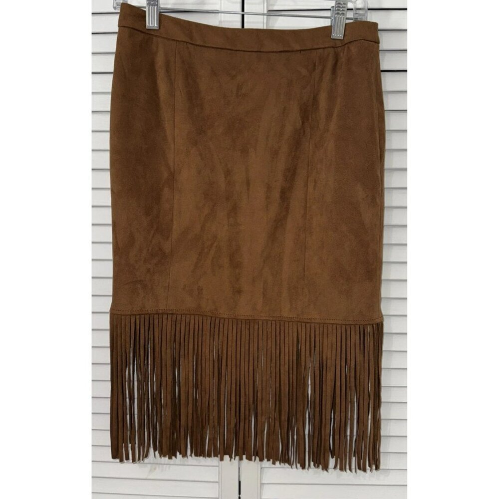 Womens Y2K  Suede Knee Length Midi Fringe Straight Skirt  New Chelsea & Theodore